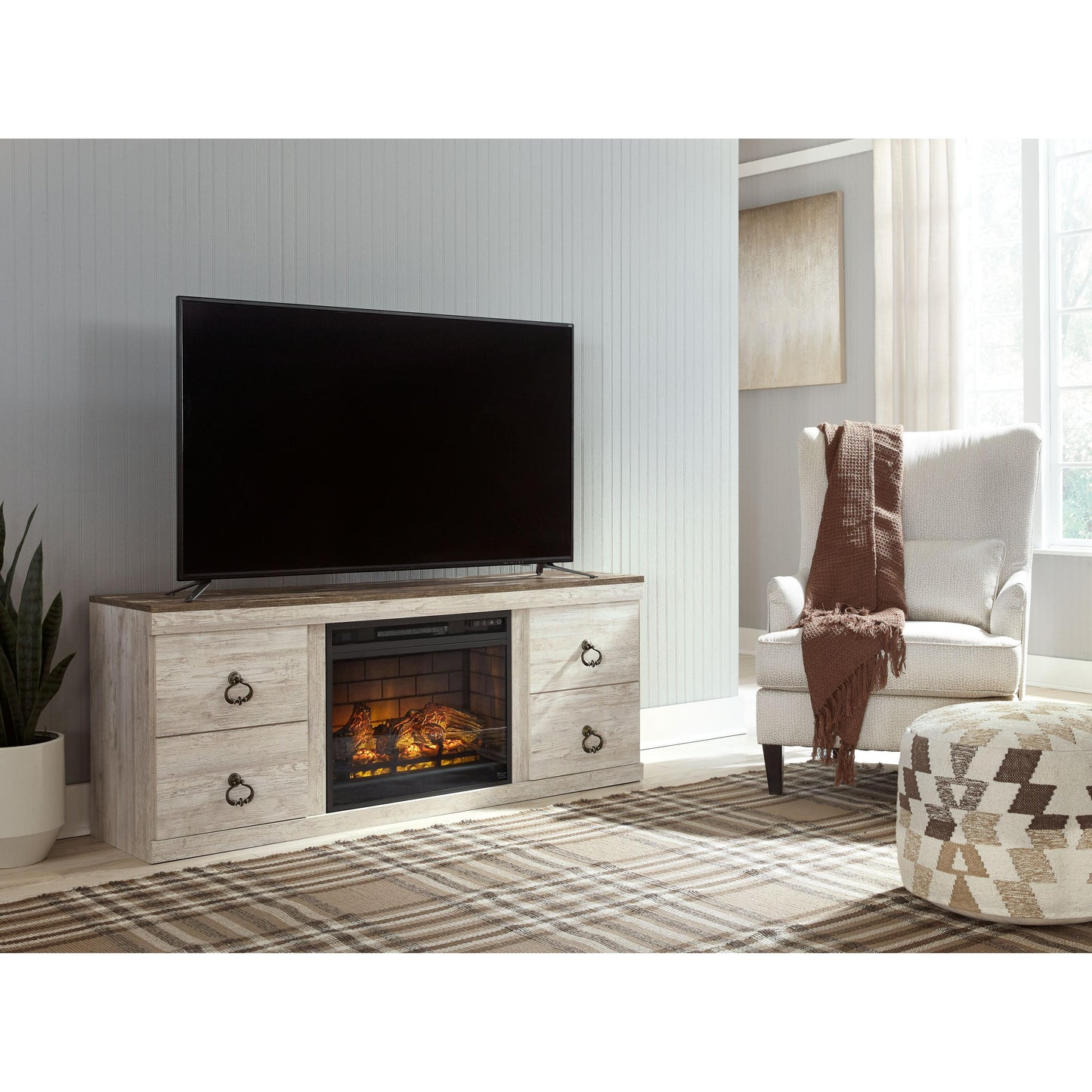 Willowton - Whitewash - 2 Pc. - TV Stand With Faux Firebrick Fireplace Insert