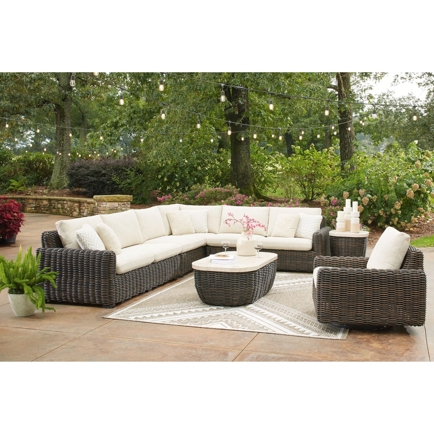 Kimora - 7 Pc. - 4-Piece Outdoor Sectional, Swivel Glider Lounge, Cocktail Table, End Table - Beige / Dark Brown