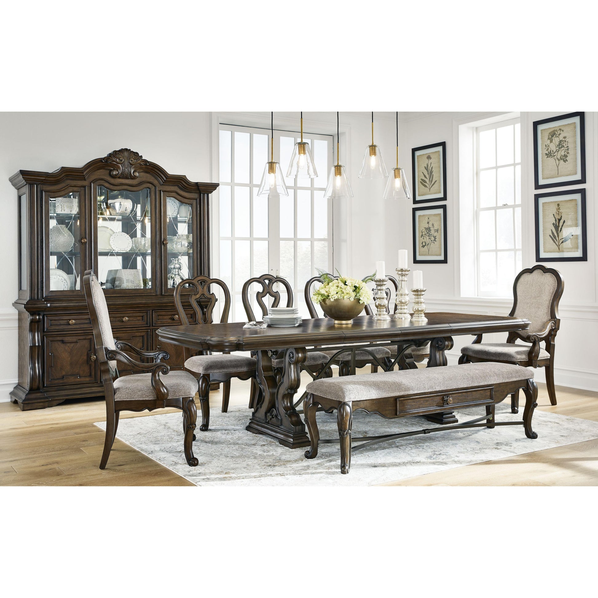 Maylee - Dark Brown - 11 Pc. - Dining Extension Table, 4 Side Chairs, 2 Arm Chairs, Storage Bench, Buffet And Hutch