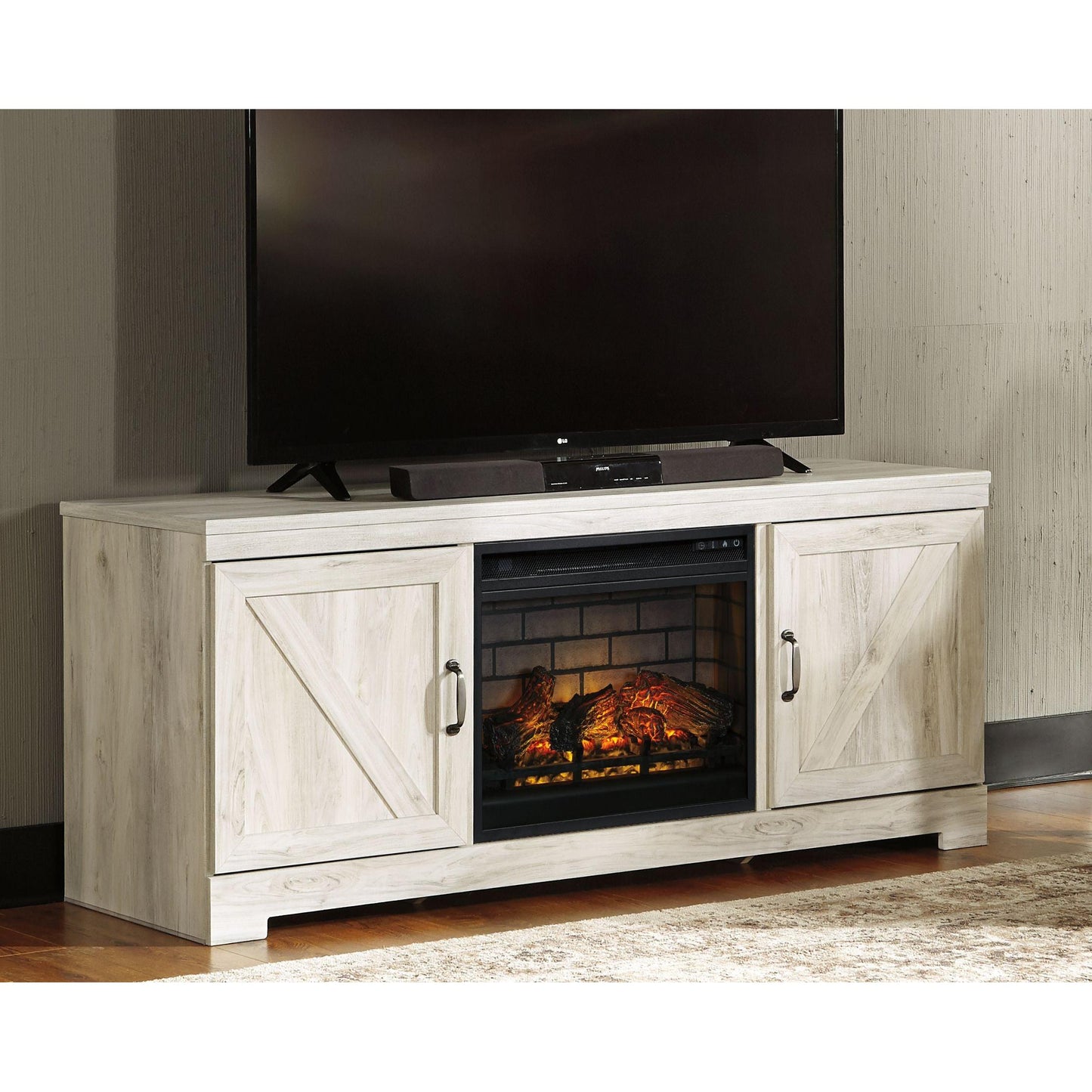 Bellaby - Whitewash - 63" TV Stand With Faux Firebrick Fireplace Insert