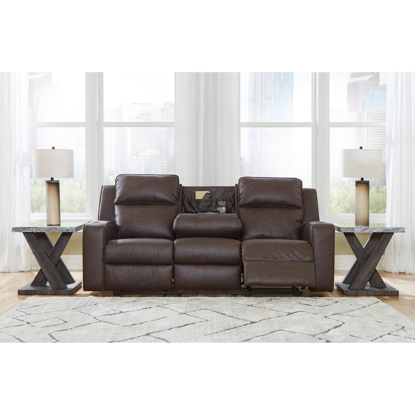 LAVENHORNE RECLINING SOFA WITH DROP DOWN TABLE - GRANITE