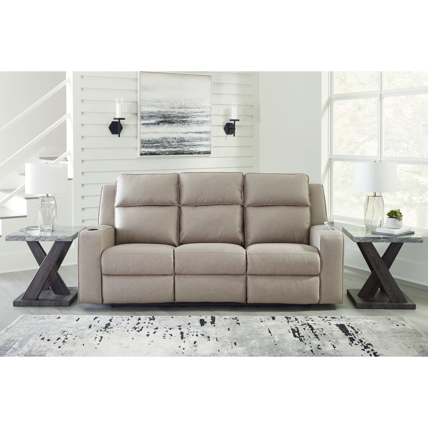 Lavenhorne - Pebble - Reclining Sofa W/ Drop Down Table - Faux Leather