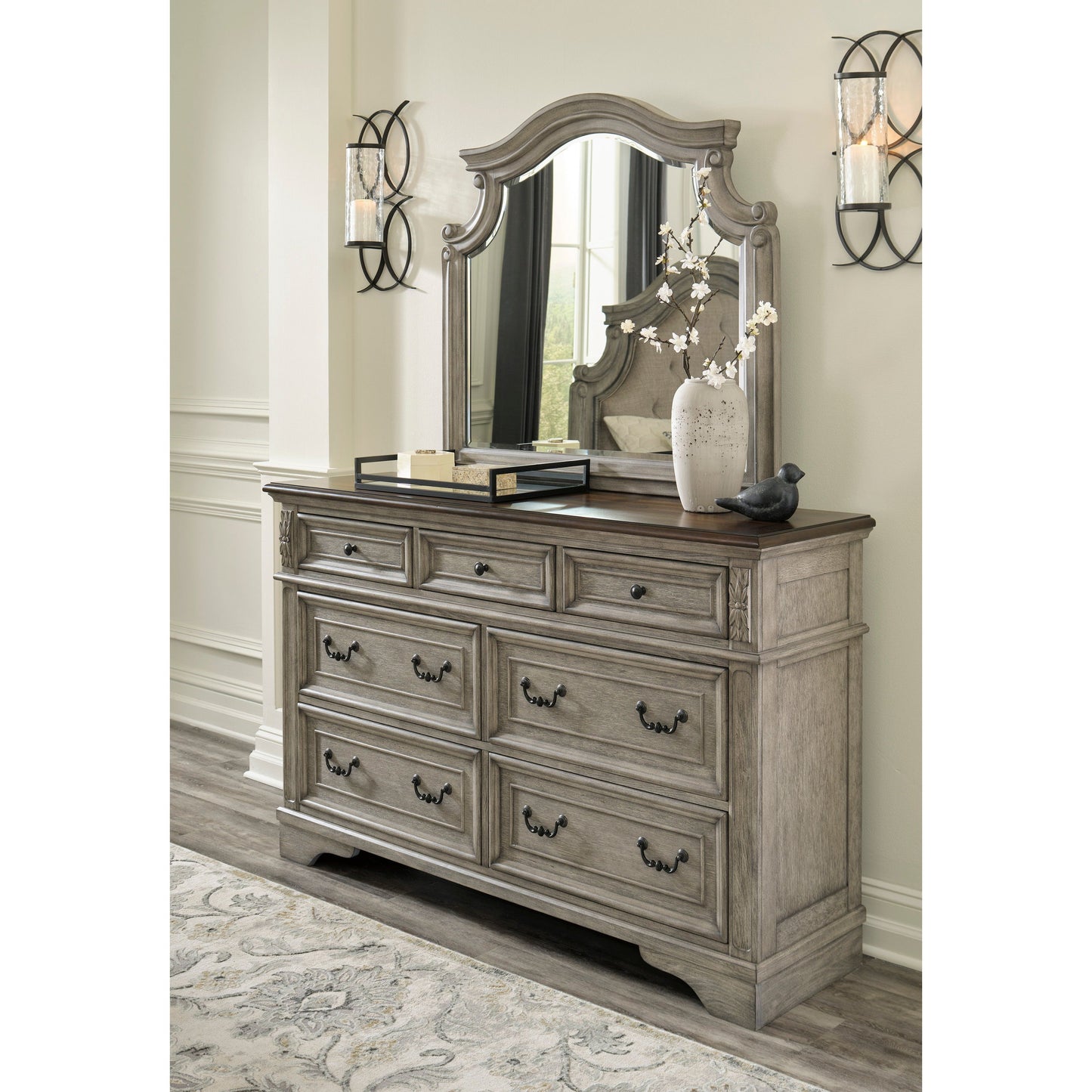LODENBAY DRESSER/ MIRROR- ANTIQUE GRAY