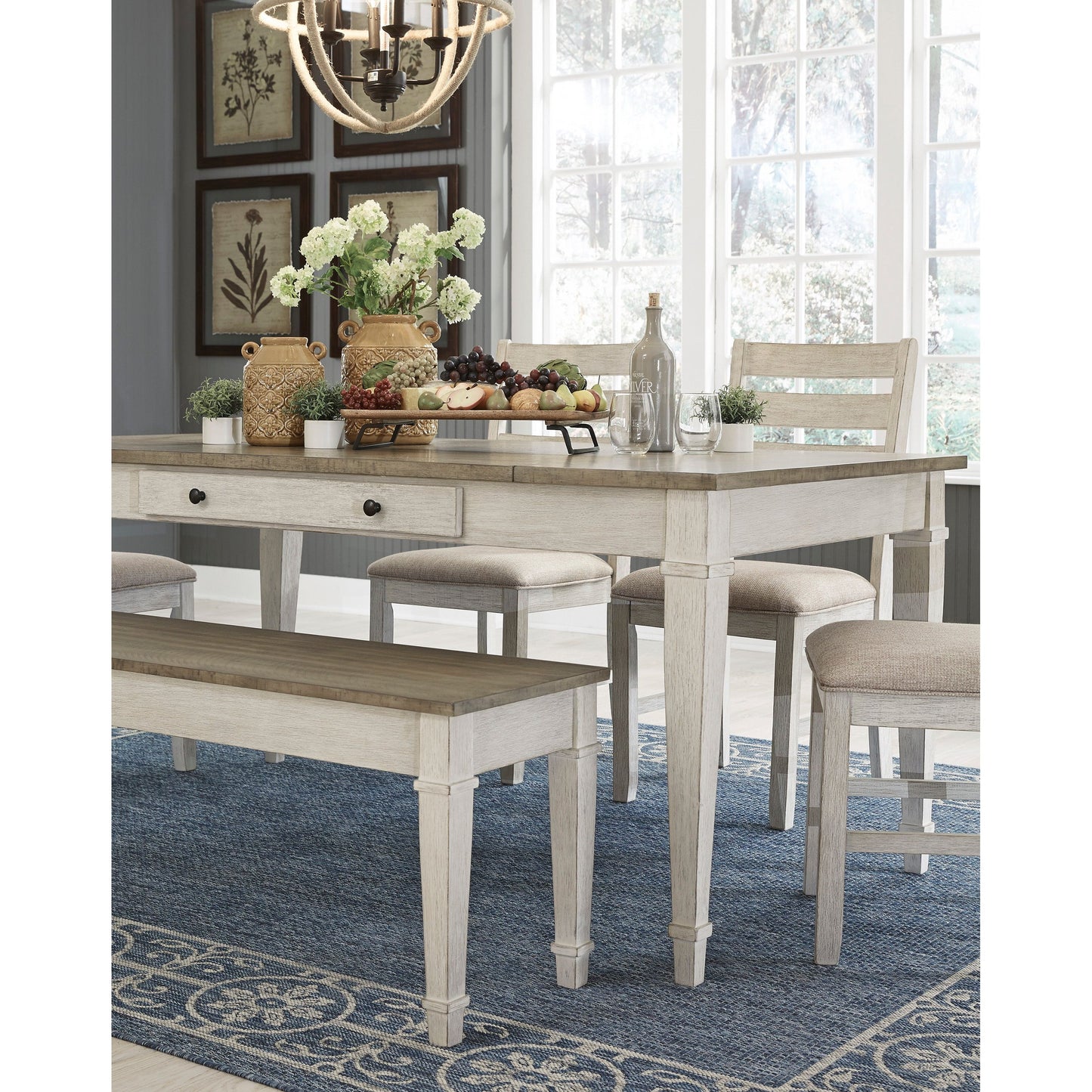 SKEMPTON DINING SET - 6 CHAIRS , TABLE , BENCH