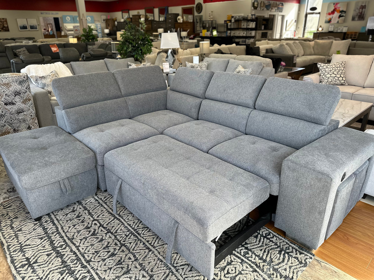 TYSON 3-Piece Sectional with Pullout Sleeper and Storage Ottoman - Gray Fabric