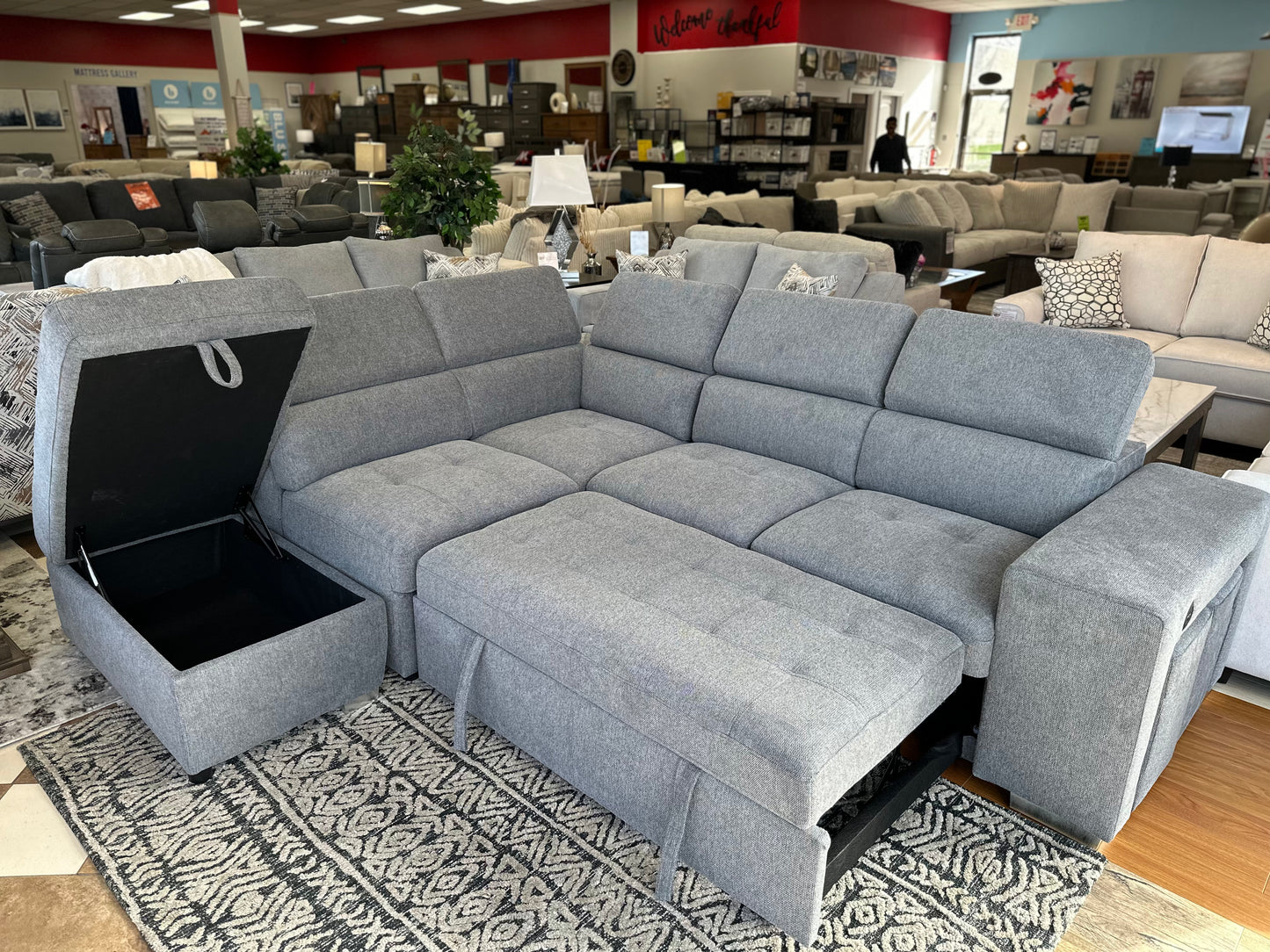 TYSON 3-Piece Sectional with Pullout Sleeper and Storage Ottoman - Gray Fabric