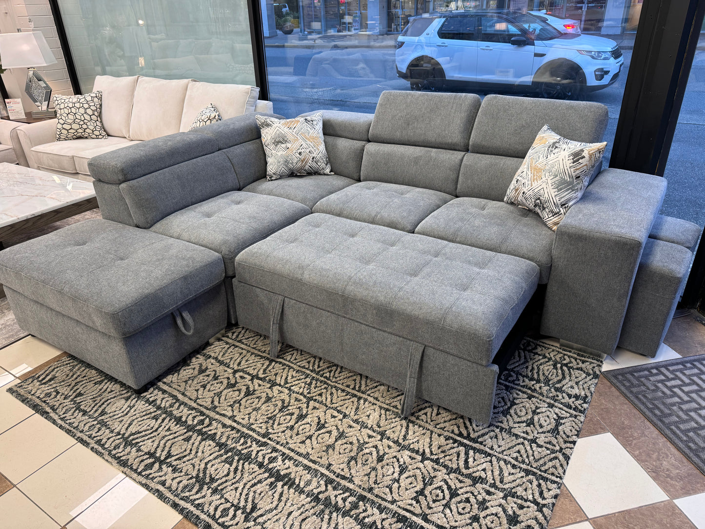 TYSON 3-Piece Sectional with Pullout Sleeper and Storage Ottoman - Gray Fabric