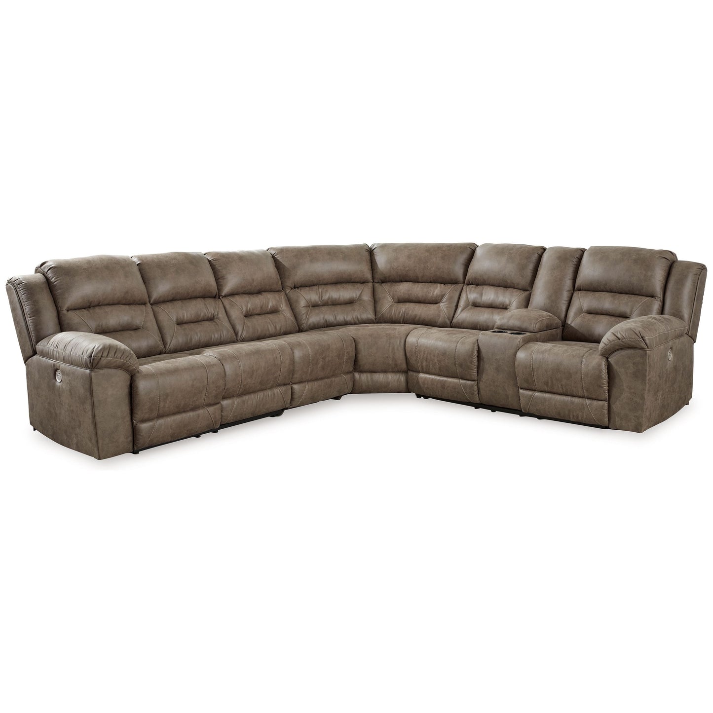 Ravenel - Fossil - 4-Piece Power Reclining Sectional With Raf Power Reclining Loveseat With Console - Faux Leather