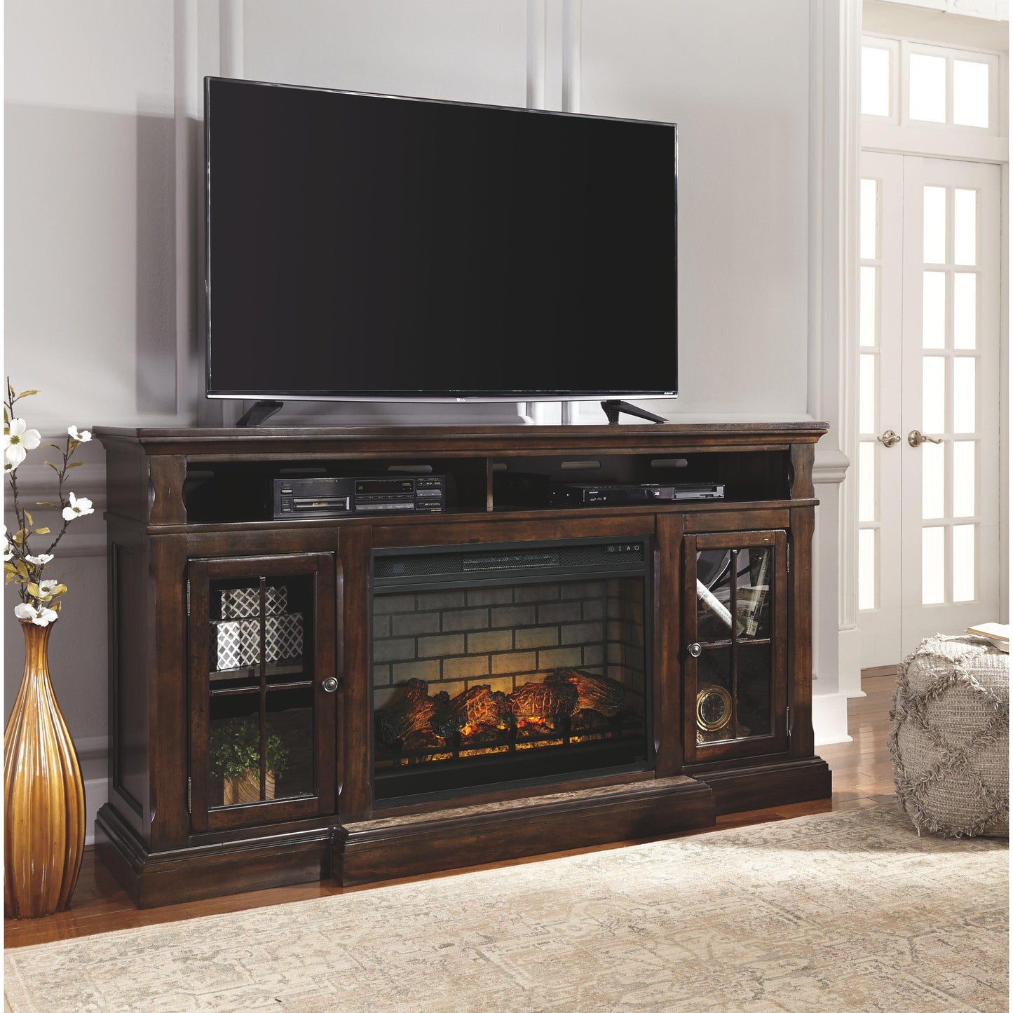 Roddinton - 2 Pc. - 74" TV Stand with Electric Infrared Fireplace Insert - Dark Brown
