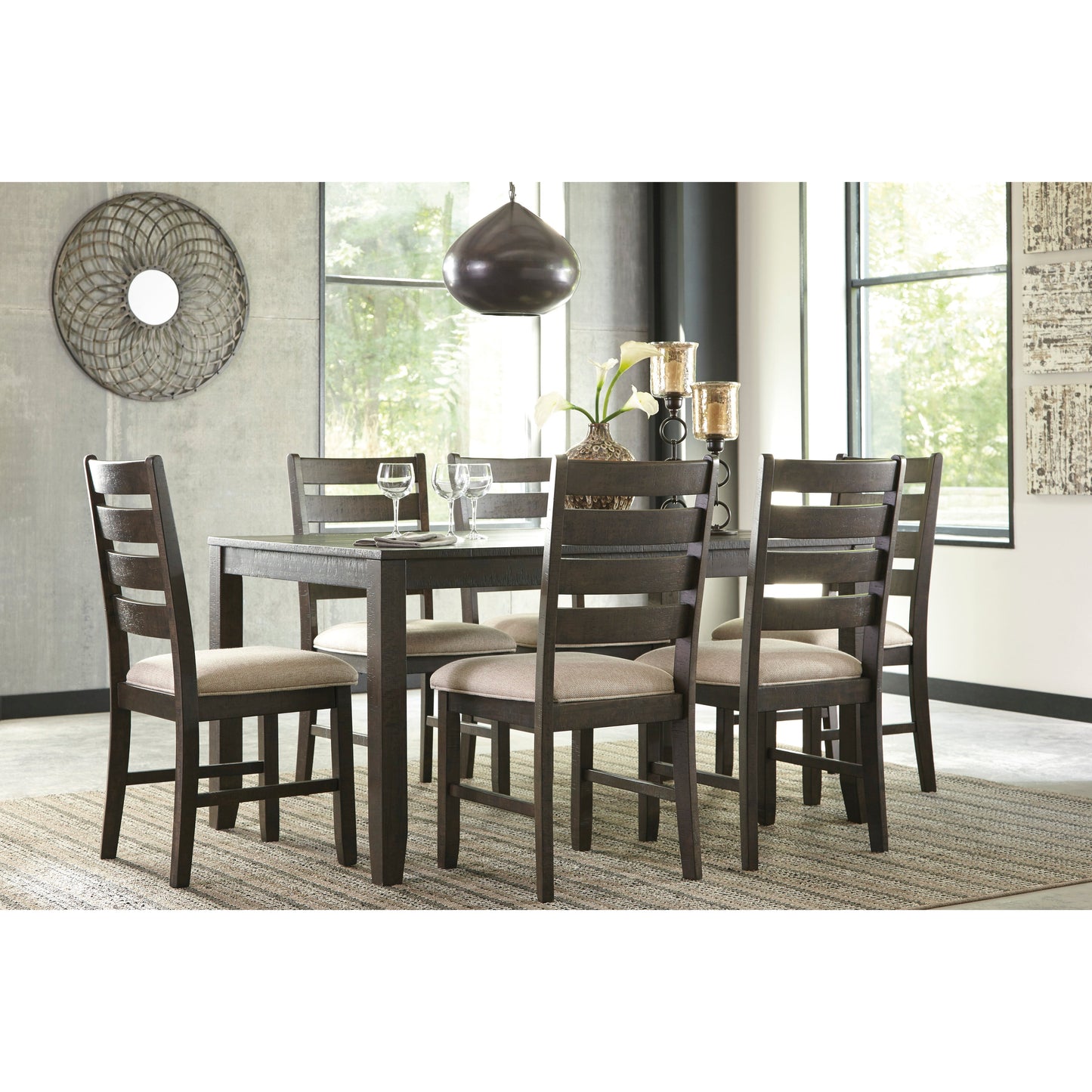 ROKANE DINING TABLE (SET OF 7) - BROWN