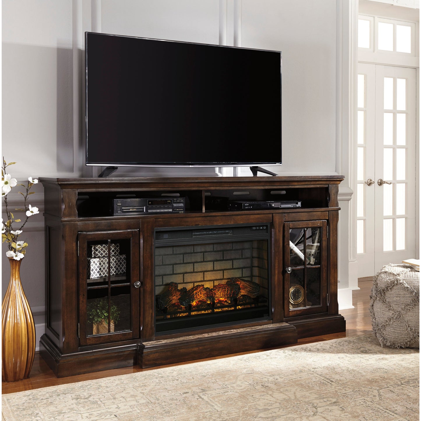 RODDINTON 72" TV STAND W/ ELECTRIC FIREPLACE- DARK BROWN