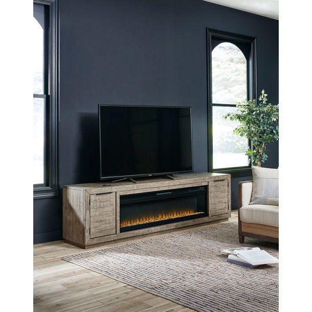 KRYSTANZA 92" TV STAND W/ ELECTRIC FIREPLACE- WEATHERED GRAY