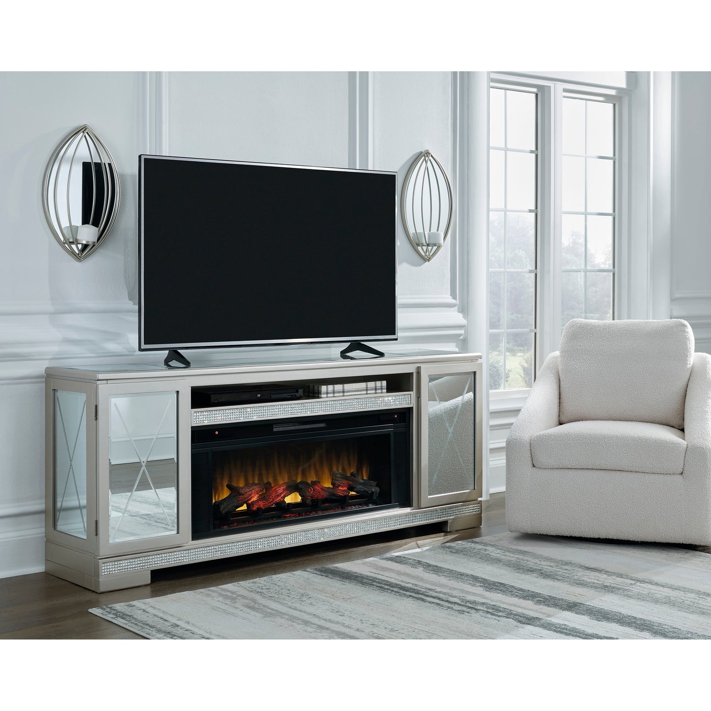 FLAMORY 72" TV STAND W/ ELECTRIC FIREPLACE- SILVER