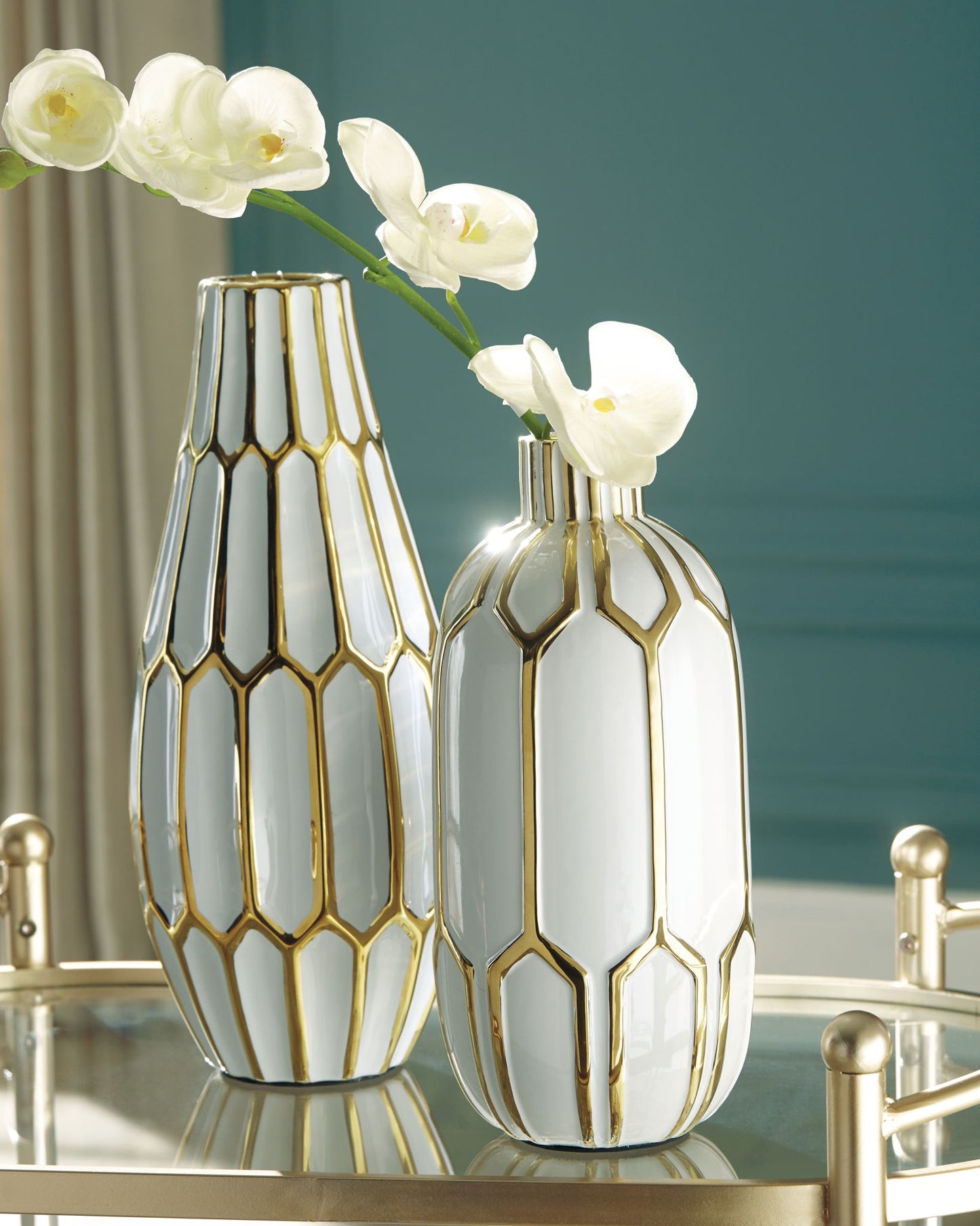 Mohsen - Vase Set (Set of 2) - Gold Finish / White - Fraser Furniture & Mattresses