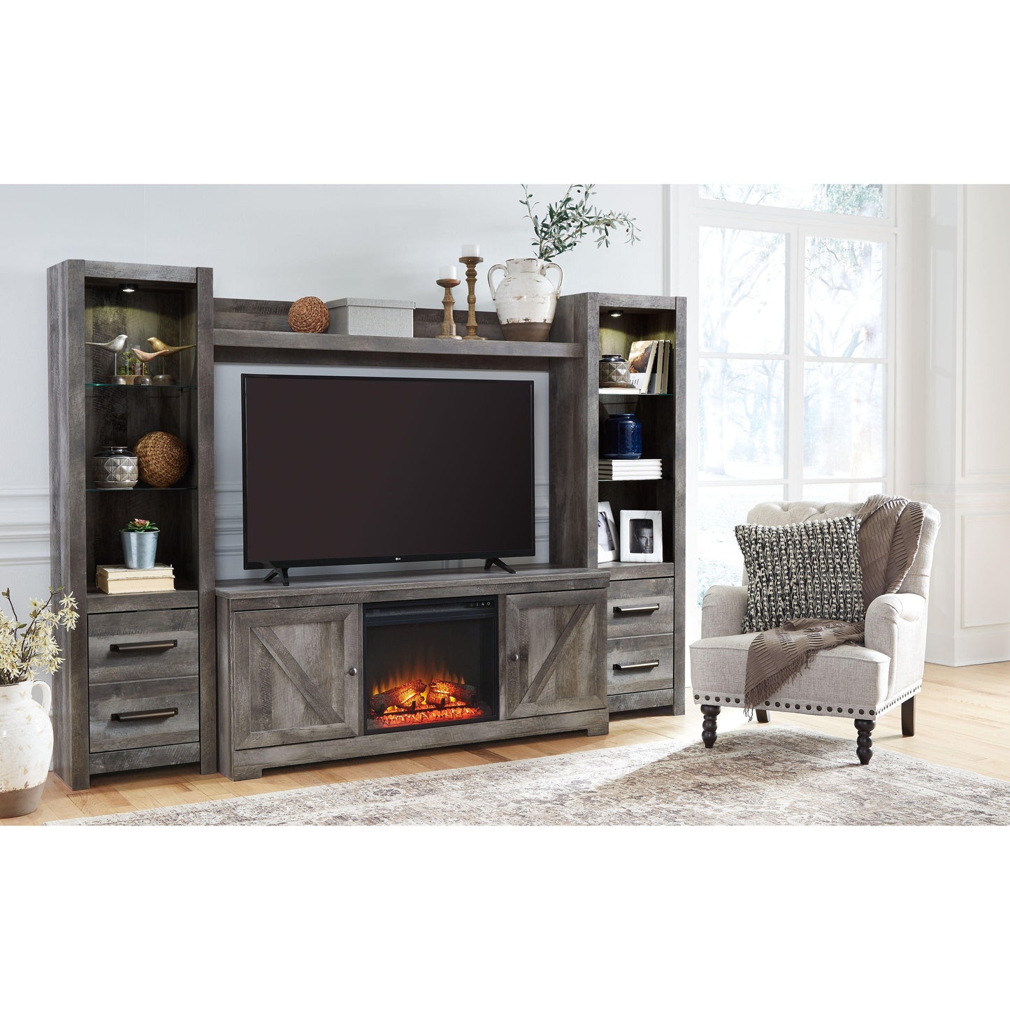 Wynnlow - Gray - Entertainment Center - TV Stand With Glass/Stone Fireplace Insert