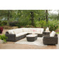 Kimora - 7 Pc. - 4-Piece Outdoor Sectional, Swivel Glider Lounge, Cocktail Table, End Table - Beige / Dark Brown