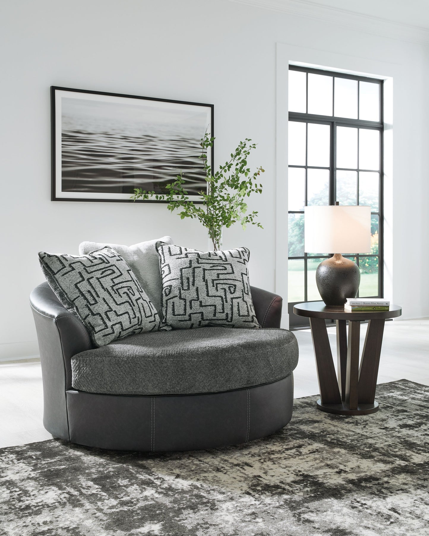 Brixley Pier - Graphite - Oversized Swivel Accent Chair - Faux Leather / Fabric