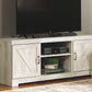 Bellaby - Whitewash - Entertainment Center - TV Stand With Faux Firebrick Fireplace Insert