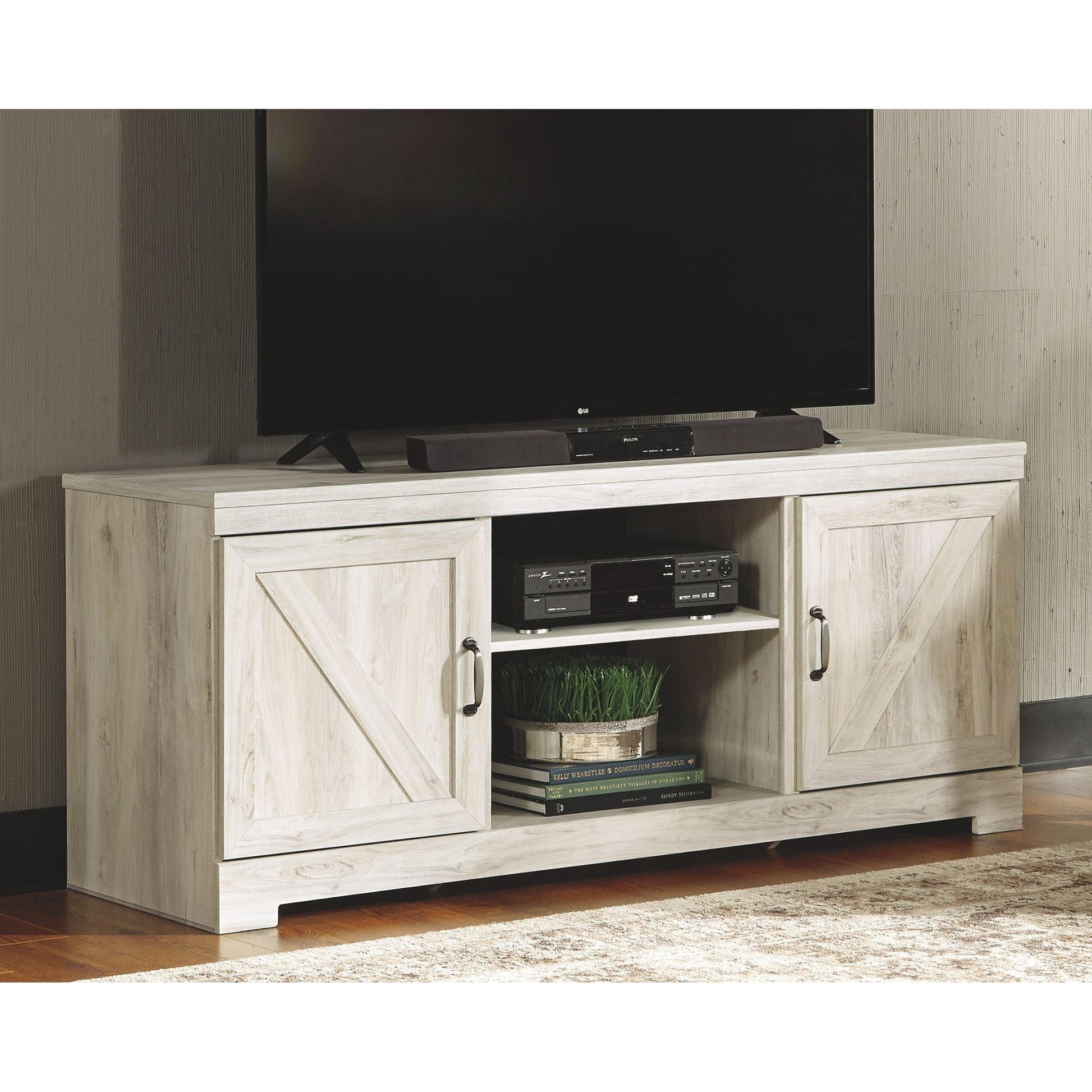 Bellaby - Whitewash - Entertainment Center - TV Stand With Faux Firebrick Fireplace Insert