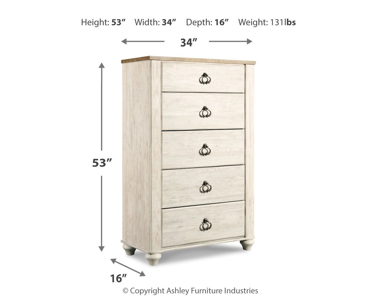 Willowton - Five Drawer Chest - Brown / Beige / White - Fraser Furniture & Mattresses