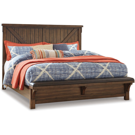 LAKELEIGH PANEL BED w/ UPHOLSTERED BENCH - BROWN