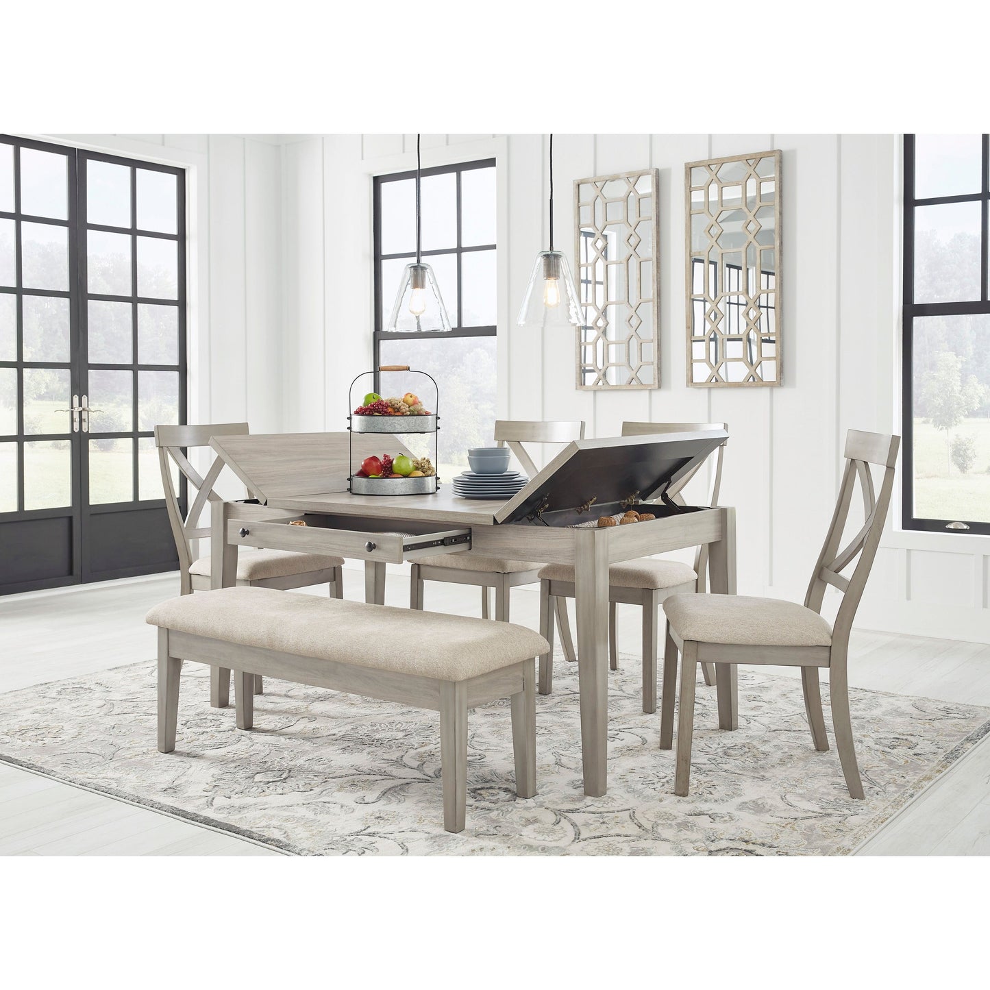 PARELLEN DINING SET - 4 CHAIRS, TABLE & BENCH