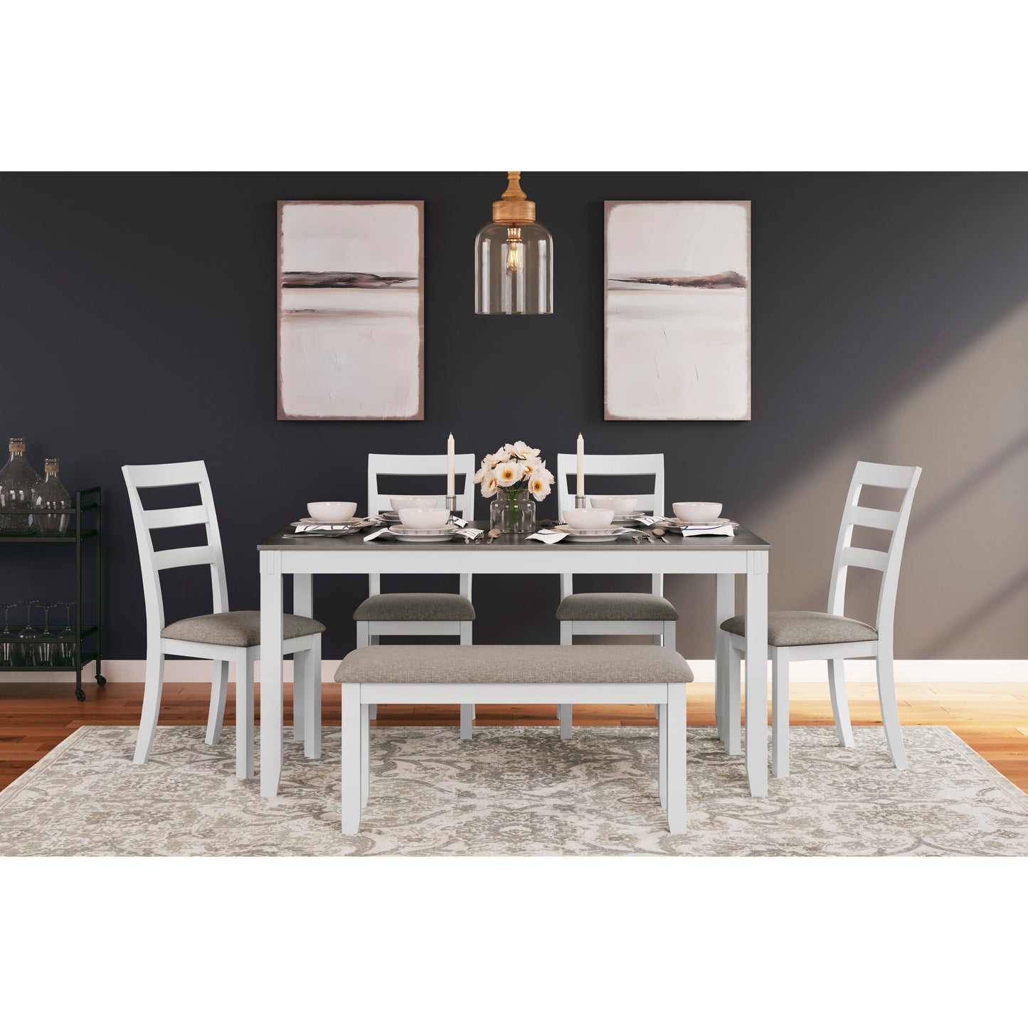 STONEHOLLOW DINING SET - TABLE, 4 CHAIRS & BENCH