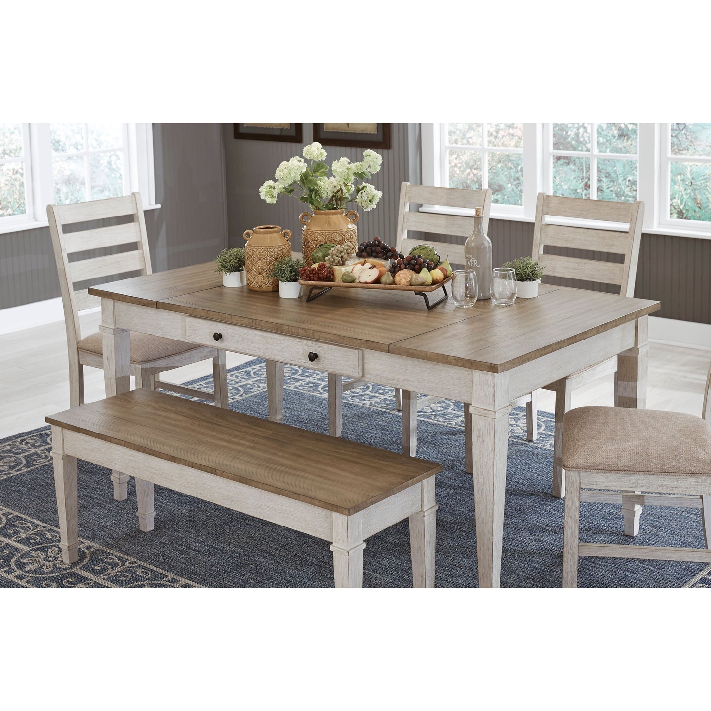 SKEMPTON DINING SET - 6 CHAIRS , TABLE , BENCH