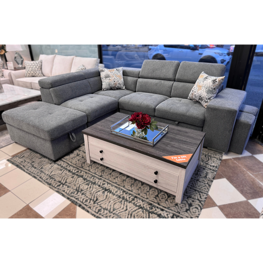 TYSON 3-Piece Sectional with Pullout Sleeper and Storage Ottoman - Gray Fabric