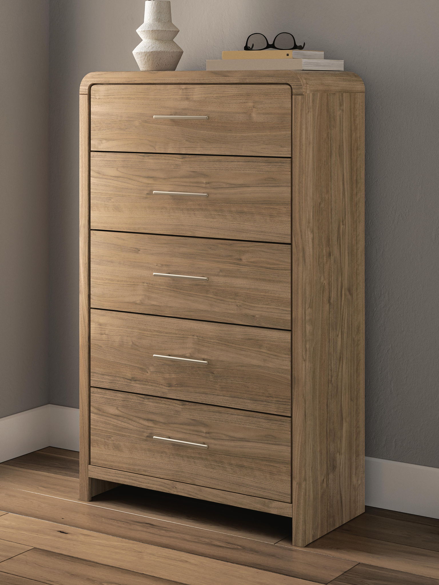 Gramburg - Five Drawer Chest - Warm Natural Brown - Fraser Furniture & Mattresses