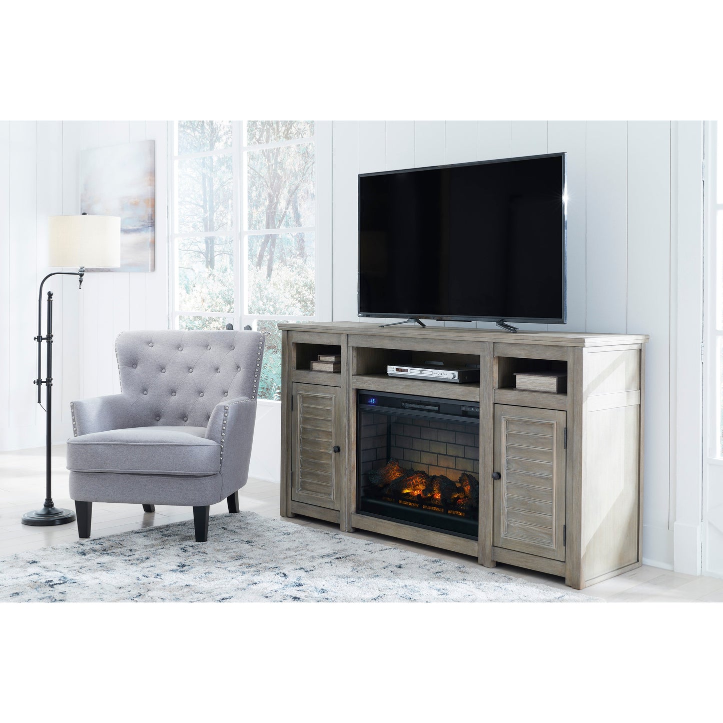 MORESHIRE 72" TV STAND W/ ELECTRIC FIREPLACE- BISQUE