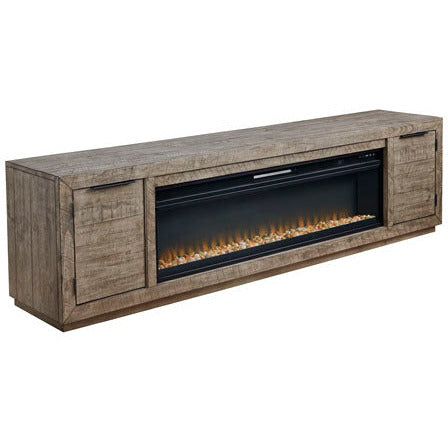 KRYSTANZA 92" TV STAND W/ ELECTRIC FIREPLACE- WEATHERED GRAY